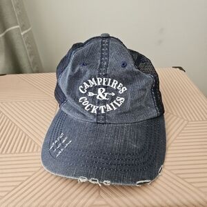 Baseball Cap Campfires & Cocktails Hat Blue Denim Distressed White Embroidered